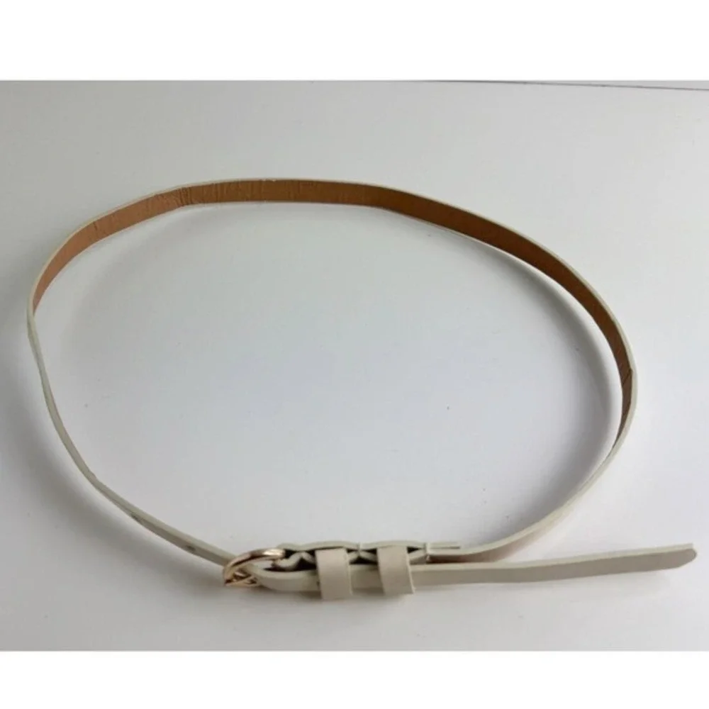 Womens‎ Skinny Cream Faux Leather Belt Gold Round Buckle Off White Cinch Belt